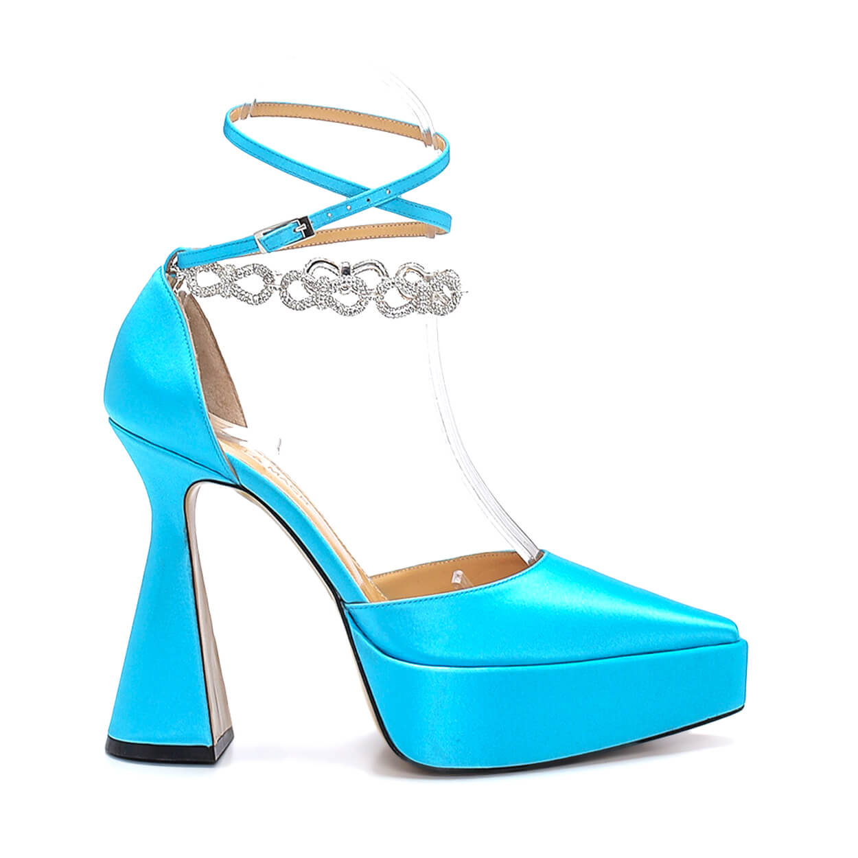 Mach & Mach - Turquoise Satin Crystal Embellished Chain Ankle Strap Platform Pumps 38